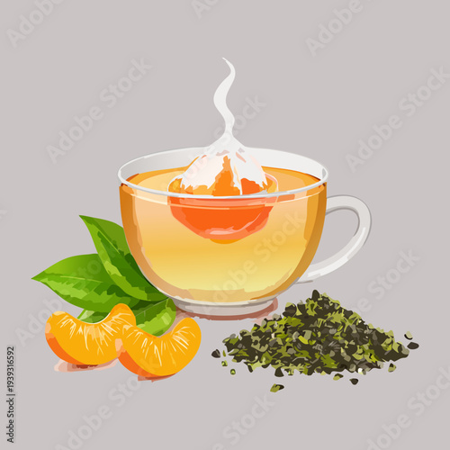 Warm herbal tea with orange slices and fresh green leaves in a glass cup for a healthy drink - Vector Illustration