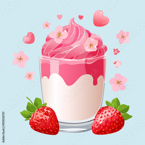 Refreshing strawberry smoothie with fresh berries and cream topping in a glass for a healthy fruit snack - Vector Illustration