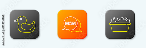 Set line Rubber duck, Speech bubble mom and Baby bathtub icon. Vector