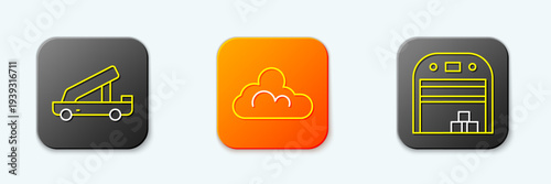 Set line Passenger ladder, Cloud weather and Aircraft hangar icon. Vector