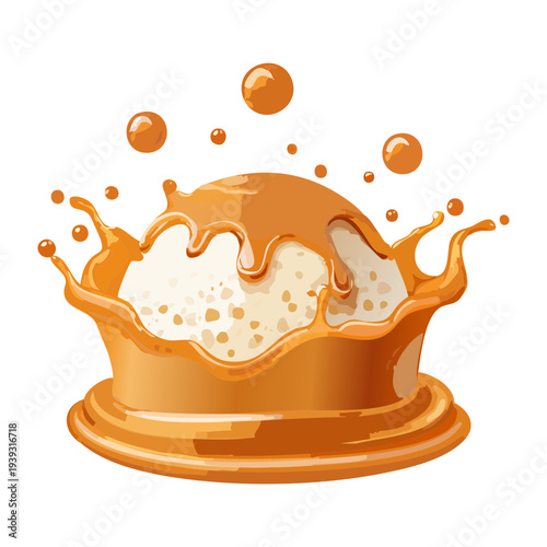 Refreshing vanilla ice cream with caramel syrup splash and golden drops for a sweet and cool treat - Vector Illustration