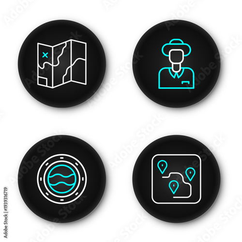 Set line Route location, Ship porthole with seascape, Tourist and Folded map icon. Vector