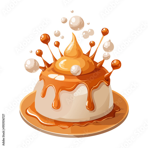 Gourmet caramel pudding with vanilla cream and sweet syrup splash for a delicious and creamy dessert treat - Vector Illustration