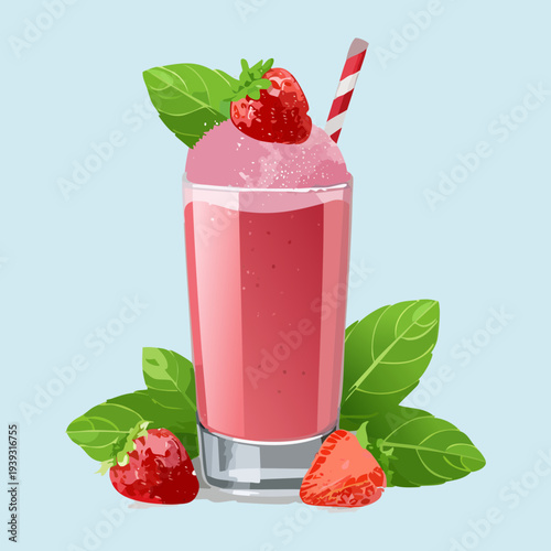 Refreshing strawberry smoothie with fresh berries and a striped straw in a glass for a summer drink - Vector Illustration
