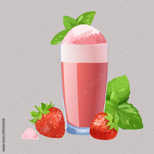 Fresh strawberry juice with green leaves and a red straw in a tall glass for a healthy refreshment - Vector Illustration