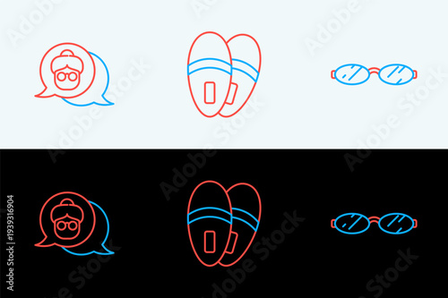 Set line Eyeglasses, Grandmother and Slippers icon. Vector
