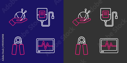 Set line Monitor with cardiogram, Sport expander, IV bag and Yarn ball knitting needles icon. Vector