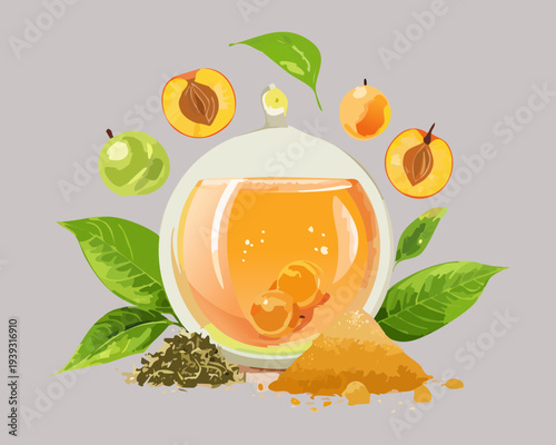 Healthy herbal tea with orange slices and fresh green leaves for a natural and warming fruit beverage - Vector Illustration