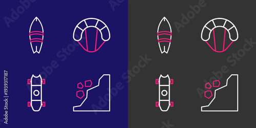 Set line Landslide, Longboard or skateboard, Parachute and Surfboard icon. Vector