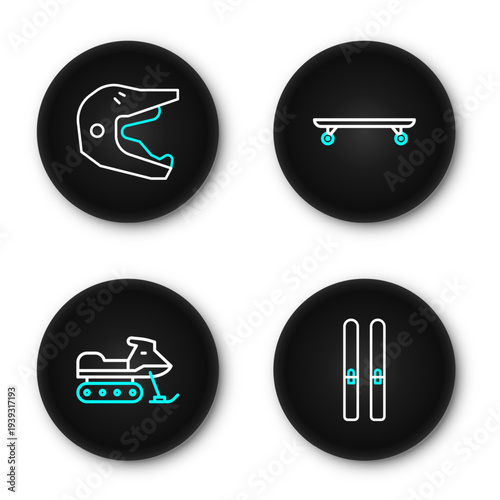 Set line Ski and sticks, Snowmobile, Longboard or skateboard and Motocross motorcycle helmet icon. Vector