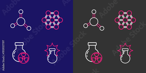Set line Chemical explosion, Test tube radiation, Molecule and icon. Vector