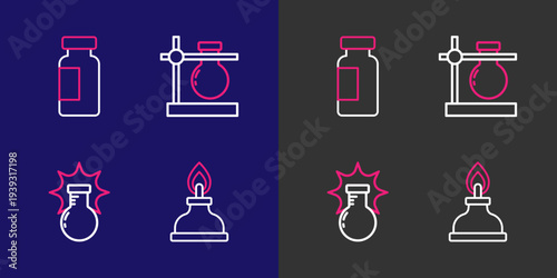 Set line Alcohol or spirit burner, Chemical explosion, Test tube flask stand and icon. Vector