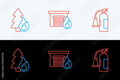 Set line Fire extinguisher, Burning forest tree and burning garage icon. Vector