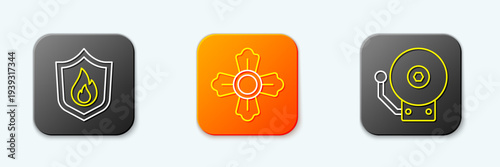 Set line Fire protection shield, Firefighter and Ringing alarm bell icon. Vector