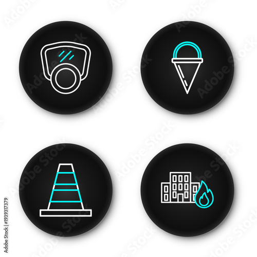 Set line Fire in burning buildings, Traffic cone, bucket and Gas mask icon. Vector