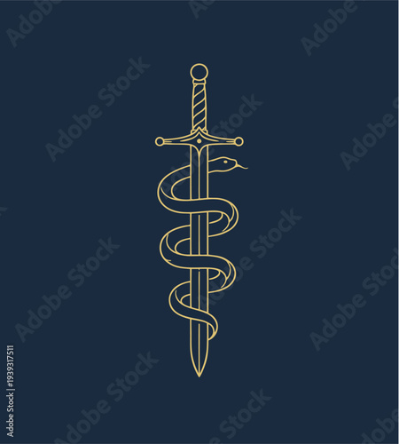 Elegant Gold Line Art Of A Serpent Entwined Around A Sword Minimalist Mystical Tattoo Design On Dark Blue Background