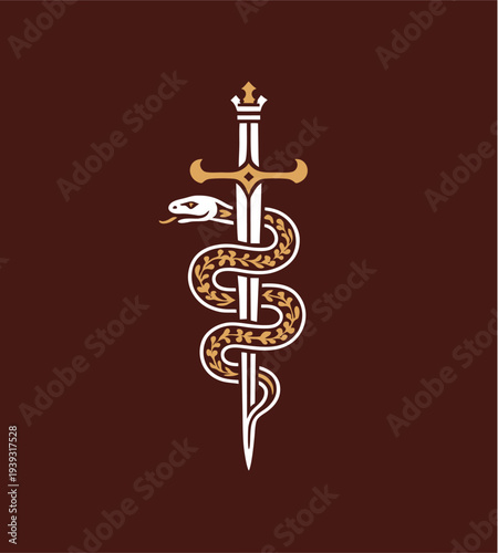 Elegant Gold Line Art Of A Snake Wrapped Around A Sword Mystical Tattoo Design On Dark Red Background