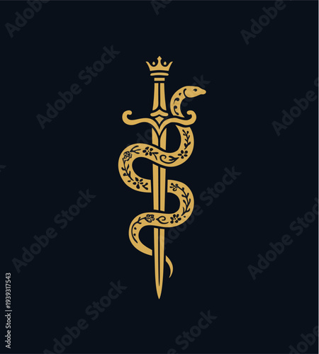 Elegant Gold Line Art Of A Serpent Entwined Around A Sword Minimalist Mystical Tattoo Design On Black Background