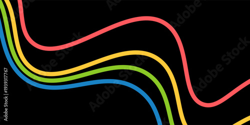 A modern abstract background featuring smooth, flowing wavy lines in vibrant colors—red, yellow, green, and blue—set against a deep black background.