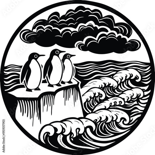 Vector illustration of 3 penguins on cliff with ocean waves and stormy clouds