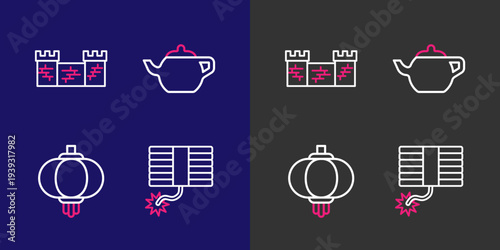 Set line Firework, Chinese paper lantern, tea ceremony and Great wall of China icon. Vector