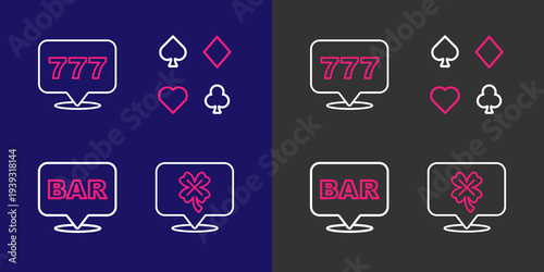 Set line Casino slot machine with clover, Alcohol bar location, Deck of playing cards and Slot jackpot icon. Vector