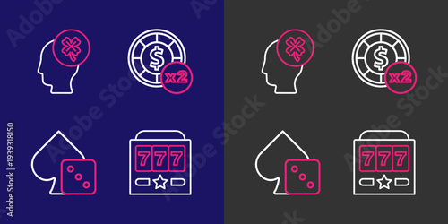 Set line Slot machine with jackpot, Game dice, Casino chips and slot clover icon. Vector