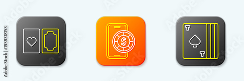 Set line Deck of playing cards, Online poker table game and icon. Vector