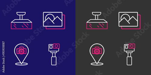 Set line Action camera, Photo, frame and Softbox light icon. Vector