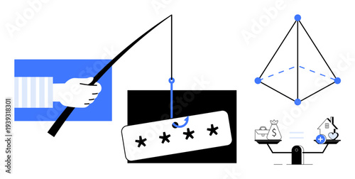 Phishing threat. Phishing with password interception, cybersecurity , and digital balance between risks. Phishing awareness for digital safety, financial security, and online security training