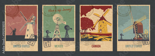 United States, Mexico, Canada Windmills Attraction Postcards, Traditional Wind mills Illustrations, Vector Template Retro Style Greeting Cards. Postal Imprint, Aged Paper Texture