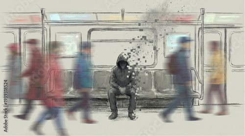 Lonely Man Sitting Dissolving into Particles Digital Art Concept Melting Away