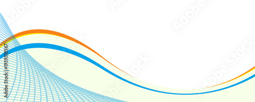 Modern abstract background featuring smooth layered waves in vibrant colors including yellow, orange, blue, and soft neutral tones on a light gray background