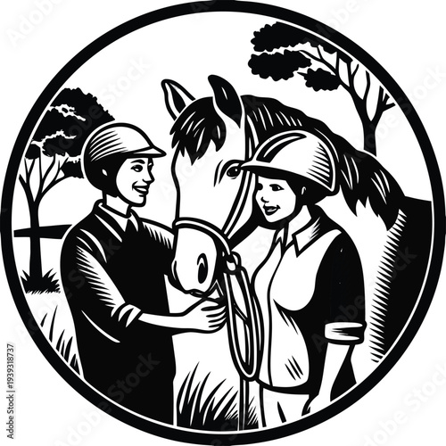 Vector illustration of two riders with horse, black and white equestrian design