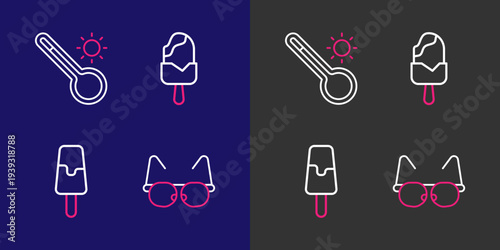 Set line Glasses, Ice cream, and Meteorology thermometer icon. Vector