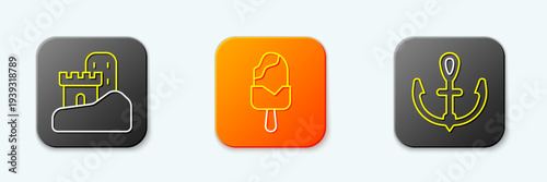 Set line Sand castle, Ice cream and Anchor icon. Vector