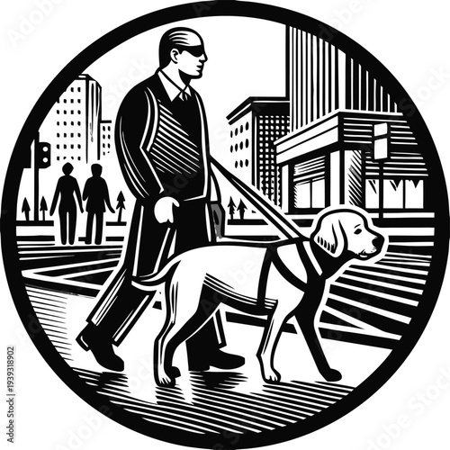 Black and white vector illustration of blind man walking dog