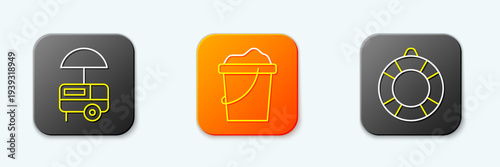 Set line Fast street food cart, Sand in bucket and Lifebuoy icon. Vector