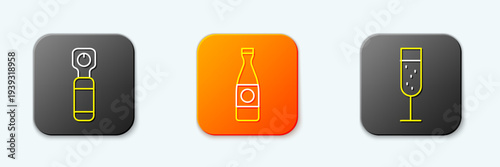Set line Bottle opener, Beer bottle and Glass of champagne icon. Vector
