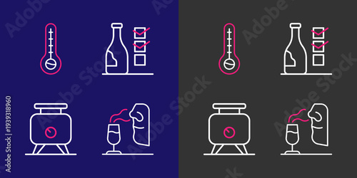 Set line Sommelier, Fermentation of grapes, Bottle wine and Meteorology thermometer icon. Vector