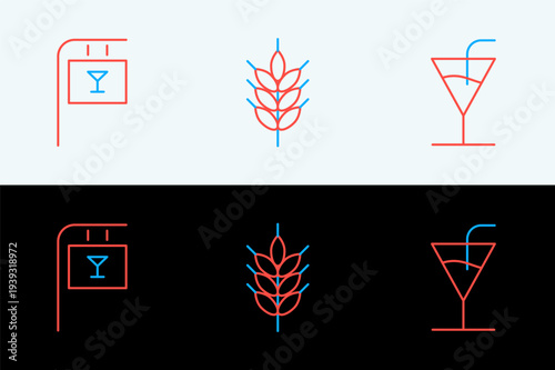 Set line Cocktail, Street signboard with Bar and Hop icon. Vector