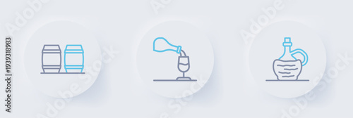 Set line Wine in italian fiasco bottle, tasting, degustation and Wooden barrel for wine icon. Vector