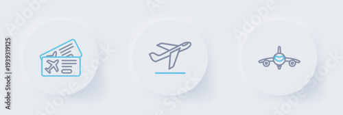 Set line Plane, takeoff and Airline ticket icon. Vector