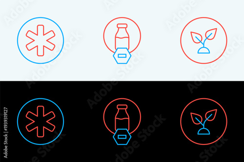 Set line Plant based, Medical symbol of the Emergency and Lactose free icon. Vector