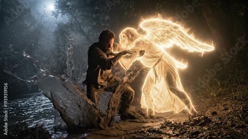 Historical and biblical scene of Jacob wrestling with a glowing divine angel in the dark woods by a river under the moonlight with an atmosphere of intense spiritual struggle and divine blessing