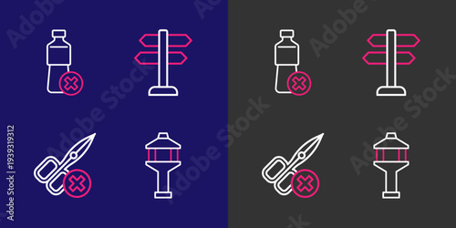 Set line Airport control tower, No scissors, Road traffic sign and water bottle icon. Vector