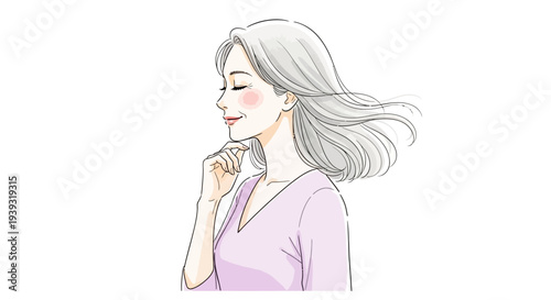 A woman with long gray hair wearing a pink shirt smiles