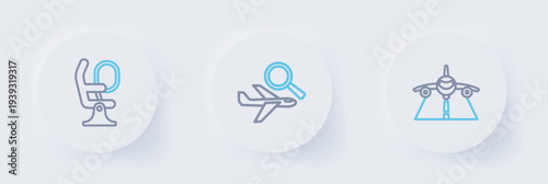 Set line Plane, Airplane search and seat icon. Vector