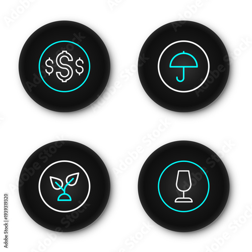 Set line Fragile broken glass, Plant based, Delivery package with umbrella and Dollar symbol icon. Vector