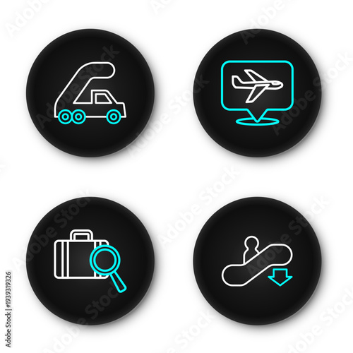 Set line Escalator down, Lost baggage, Plane and Passenger ladder for plane boarding icon. Vector